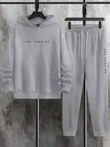Conjunto deportivo para hombre, sudadera holgada con estampado de letras y pantalones deportivos - Gris - Ver 3