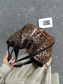 Dedoo 2024新款软皮手提包，小丑设计单肩包，铆钉装饰，大容量，适合购物、工作和旅行，光滑表面，豹纹印花，新款秋冬豹纹女士钱包 - 彩色 - 查看 6