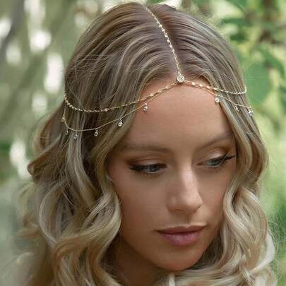 1pc Fashionable Gold Bohemian Style Round Crystal Forehead Chain, Elegant Double Layer Alloy Chain Headpiece, Suitable For Party And Daily Wear, Jewelry Gift
