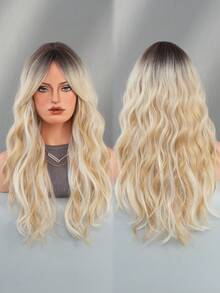 24 Inch Long Wavy Beige Blonde Highlight Wig With Curtain Bangs For Women Heat Resistant Fiber Hairpiece With Dark Roots,Natural Synthetic Full Machine Hair Wigs For Daily Music Festival Party Wear, Cosplay Halloween & Street Photography Use - 亞麻金 - 查看 5