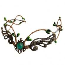 Crown For Women Forest Green Elf Headpiece V Shape Gemstone Headband Fake Leaf Forest Headpiece For Medieval Renaissance Costume Cosplay Photo Shoot - Green - View 5