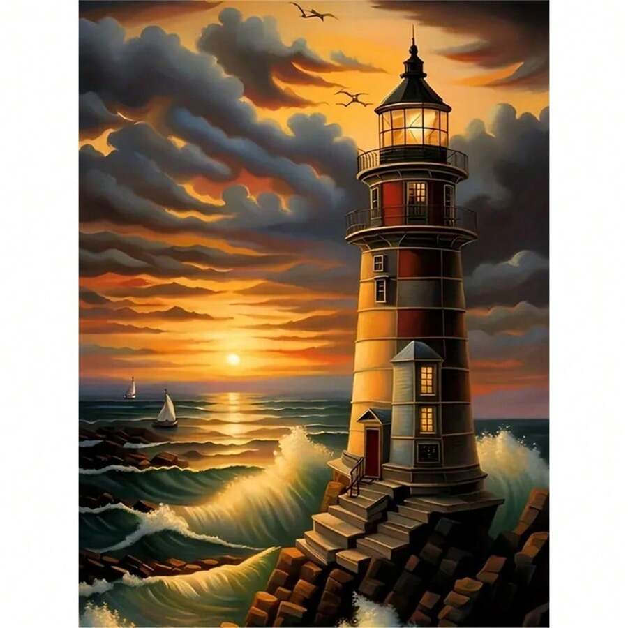 5D Seaside Lighthouse Art, Full Diamond Canvas, Diamond Art Painting Collage Handicraft, Handmade Gift, Suitable For Home, Office Wall Art, Diamond Pattern Can Help You Add Interest To The Decoration. - Nhiều màu - Xem 1