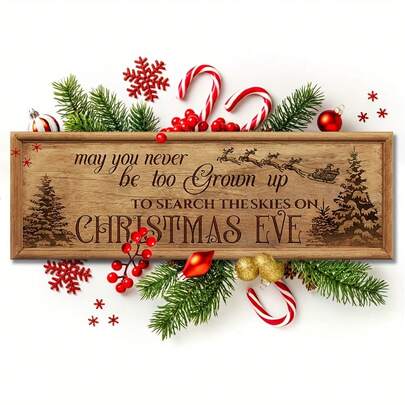 2D平面复古圣诞木质标牌，单件装，乡村风格装饰牌匾，印有励志名言“愿你内心的童真永不消逝”，轻巧木质挂板，适用于家居、派对、周年纪念、复古圣诞装饰，仿木纹设计。家居装饰 圣诞装饰 房间装饰 冬季圣诞装饰 家居圣诞礼物 圣诞装饰