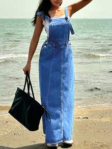 Women's Denim Jumpsuit - Loose Casual Long Sleeved Non Pocket Workwear, Adjustable Tie Waist, Loose Casual Retro Women's Denim Dress - Rửa trung bình - Xem 4