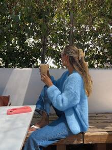 Áo khoác cardigan dáng rộng, đơn sắc, tối giản, đa năng, phong cách thường ngày. - Màu xanh lam - Xem 2