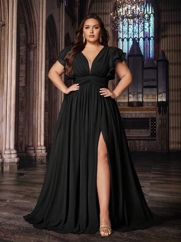 QOQ Romantic Solid Color Plus Size Women Formal Dress Bridesmaid Evening Dresses Suitable Wedding,Birthday Party, Formal Events V-Neck Flounce Sleeve Gown
