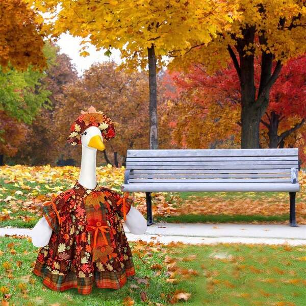 Fall Thanksgiving Porch Goose Costume 2 Pcs Set Hat And Maple Leaf Plaid Print Dress Lawn Patio Decoration