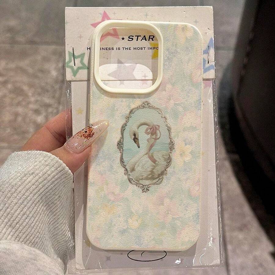 1pc Retro Elegant Floral & Swan Pattern TPU Phone Case, Compatible With IPhone/ - White - View 1