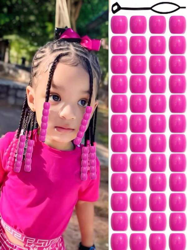50pcs Bright Pink Hair Accessories Beads, Suitable For Braiding, Cute Pony Shaped Beads, Suitable For Girls & Teenagers, Dreadlock Accessories, Hair Decoration, Accessory Craft Kit