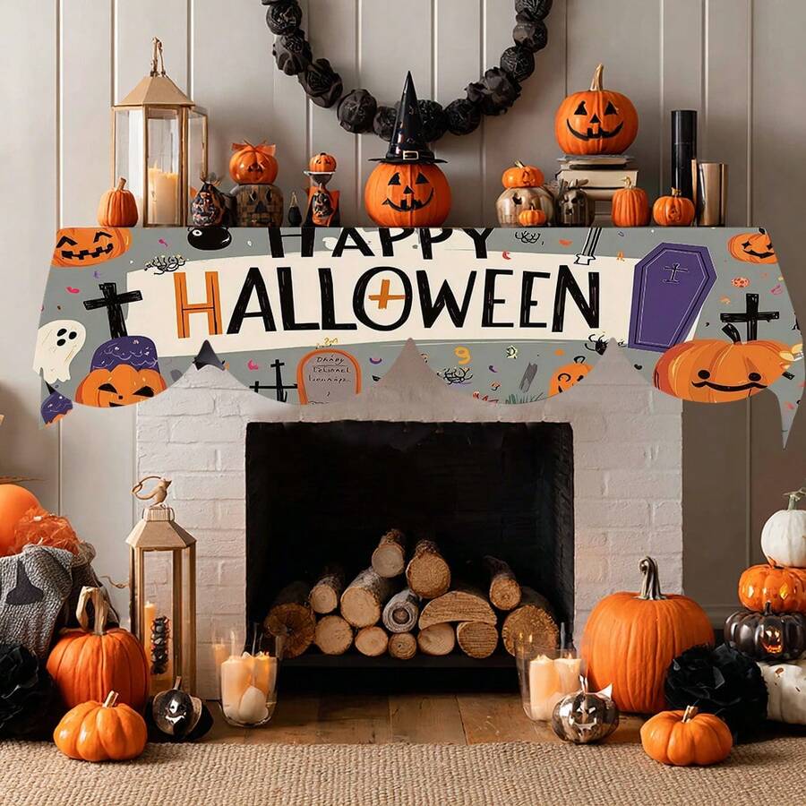 1pc/72pcs Halloween Fireplace Scarf With Pumpkin Lantern, Ghost Print, Polyester Fabric, Suitable For Halloween Decorations, Party Supplies, Table Runner, Flag, Or Hearth Cover, Perfect For Home Living Room Fireplace Door Window Decoration