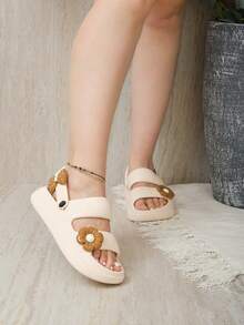 Sandalias de mujer, chanclas con plataforma, pantuflas cómodas, estilo chunky de esponja - Beige/Flor - Ver 2