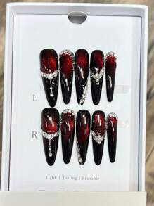 10片纯手工绘制的可佩戴美甲贴片，杏仁形，按压式美甲用品 - 彩色 - 查看 4