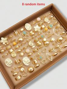 15/5/7/8pcs Set Asymmetrical Hollow Heart Rhinestone Faux Gemstone Star Burst Design Chunky Rings, Cute Stackable Fashionable Elegant Vintage Style, Suitable For Holiday, Party, Date, Daily Wear, Gift - Gold - View 14