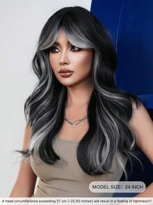 24 Inch Long Wavy Black White Highlight Wig With Curtain Bangs For Women Heat Resistant Fiber Hairpiece,Natural Synthetic Full Machine Hair Wigs For Daily Music Festival Party Wear, Cosplay Halloween & Street Photography Use - 挑染白色 - 查看 3