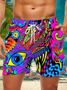 Hawaiian Abstract Art Print Drawstring Waist Quick-Dry Beach Shorts/Swim Trunks For Men