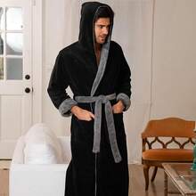 Mens Robe With Hood, Plush Fleece Hooded Mens Bathrobe, Big And Tall Bath Robe For Menhalloween - Black With Gray Contrast - View 6