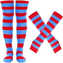 Tongcloud Women's Striped Knee High Socks, Over Knee Thigh High Socks, Arm Warmer And Fingerless Gloves SetHalloween Christmas New Year - 廣紅與深藍 - 查看 1