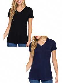 paquete de 2 blusas de manga corta, cuello en V y ajuste relajado con bolsillo en el pecho - Negro-azul marino - Ver 1