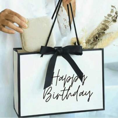 1개 블랙 & 화이트 패션 생일 선물 가방, 활이 달린 크리스마스 선물 가방, 대용량 종이 선물 가방, 선물 가방, 생일 선물, 파티 선물에 적합 / 패션 레터 프린트 선물 가방, 여성 캐주얼 핸드백, 생일 선물, 크리스마스 선물 포장