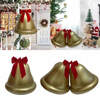 1/2 piezas Campana de Navidad inflable de PVC dorado con cinta roja - con forma de corazón, sin necesidad de electricidad para decoración navideña interior/exterior, perfecta para Navidad, Acción de Gracias, Año Nuevo, decoraciones de Navidad inflables para el hogar, decoración de habitaciones, invierno