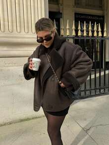 Women's Lapel Loose Casual Jacket, Pockets, Fashion Daily Wear Solid Color Double-Breasted Coat, Suitable For Autumn/Winter - Brown - View 1