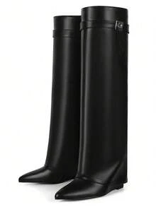 Sexy Fashion Women Fold Over Boots Pointed Toe Chunky Heels Metal Knee High Boots Nightclub Elegant Luxury Shoes - 黑色 - 查看 3