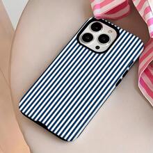 Funda para móvil con diseño de rayas verticales azul marino y blancas. Compatible con los modelos 16, 15, 14, 13, 12 y 11 Pro. Fabricada en TPU, resistente a golpes. Ideal como regalo para familiares, amigos, niños, cumpleaños, vacaciones de primavera, novios, novias y San Valentín. - Blanco - Ver 1