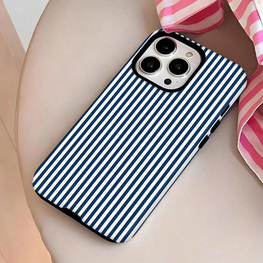 Funda para móvil con diseño de rayas verticales azul marino y blancas. Compatible con los modelos 16, 15, 14, 13, 12 y 11 Pro. Fabricada en TPU, resistente a golpes. Ideal como regalo para familiares, amigos, niños, cumpleaños, vacaciones de primavera, novios, novias y San Valentín. - Blanco - Ver 1