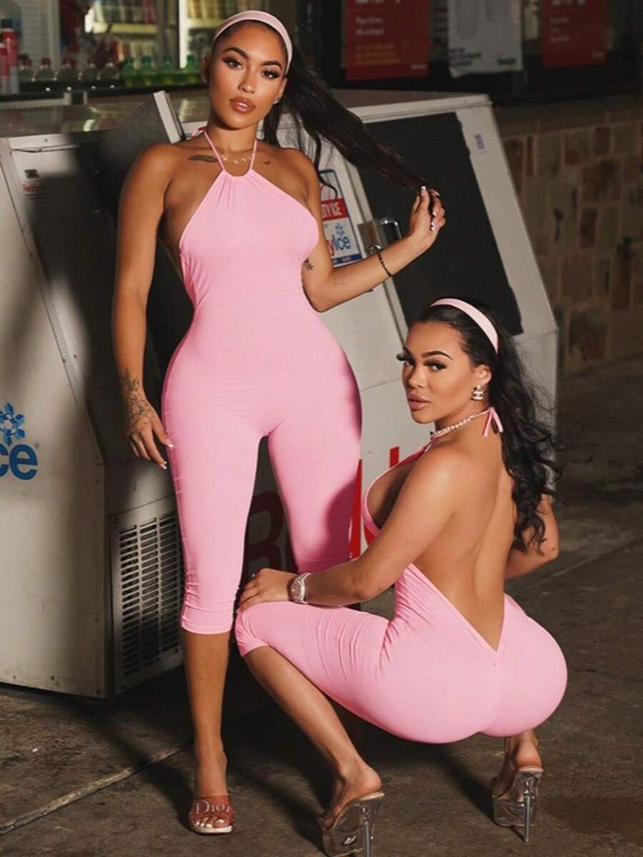 Women's Colorful Floral Print Curved Neck Strap With Large Backless Seven Part Pants Jumpsuit - Pink - View 1