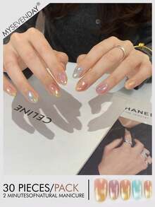 30pcs Almond/Short Ombre 7-Color False Nails, Comes With 1pc Jelly Gel & 1pc Nail File, Suitable For Party & Daily Manicure - Multicolor - View 1