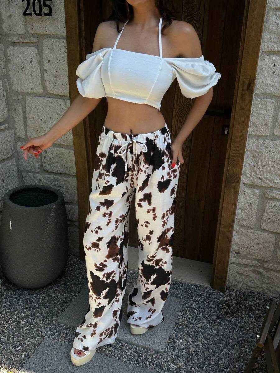 女式黑色牛纹宽松平纹细布裤，花卉印花，休闲优雅，系带腰部，适合度假和日常穿着 - 黑色 - 查看 1