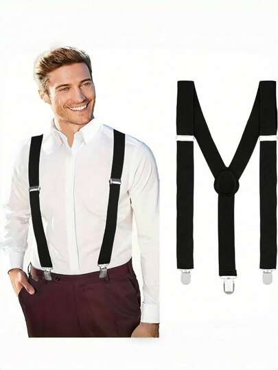 1pc Classic Solid Color Suspenders, 2.5cm Wide Y-Back, Non-Slip Adjustable Elastic Straps With 3 Clips, Unisex, Suitable For Weddings, Holidays, Costume Parties And More