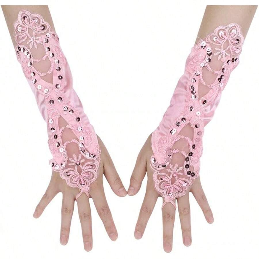 Lace Floral Gloves Fingerless Bridal With Sequin Women Satin Handwear For Wedding Prom Party Vintage Elegant Banquet Performance Ball Mittens Youth Stretchy Short Costume Arm Sleeve, Pink - Hồng - Xem 1
