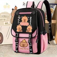 Mochila escolar, mochila escolar con dibujo de carpincho, mochila multifuncional, mochila escolar grande con carpincho, bolsa de viaje de gran capacidad, mochila impermeable, mochila para exteriores, bolsa de almacenamiento, bolsa de viaje, mochila ligera informal, mochila impermeable informal para portátil, bolsa de viaje informal para portátil con bandolera en forma de S, diseño de animal lindo, suministros de almacenamiento, suministros de viaje, adecuada para la escuela, el trabajo, viajes (marrón, rosa) - Rosa - Ver 2