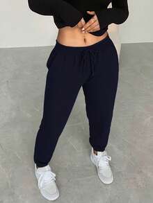 Joggers de Mujer Plus Size con Elástico y Listón al Frente – Calientitos y de Alta Calidad - Azul Marino - Ver 3
