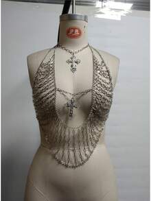 Glossmoon New Women's Nightclub Sexy Metal Tassel Chest Chain Rhinestone Cross Strap Bra Body Chain Fashion Jewelry Chain Beachwear - Bạc - Xem 4