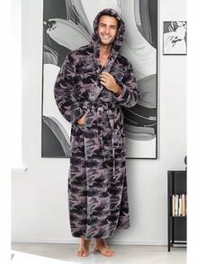 Mens Robe With Hood, Plush Fleece Hooded Mens Bathrobe, Big And Tall Bath Robe For Menhalloween - Black Gray Camouflage - View 8