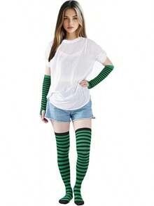 Tongcloud Women's Striped Knee High Socks, Over Knee Thigh High Socks, Arm Warmer And Fingerless Gloves SetHalloween Christmas New Year - 黑色和綠色 - 查看 6