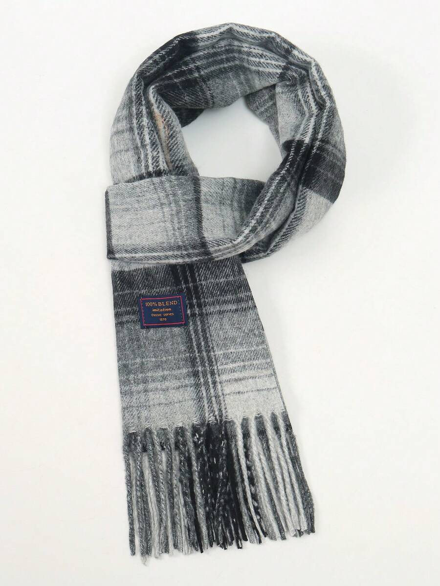 1pc Unisex Fashion Autumn/Winter Classic Plaid Wool-Like Texture Scarf, Suitable For Daily Wear And Gift - Dark Grey - View 1