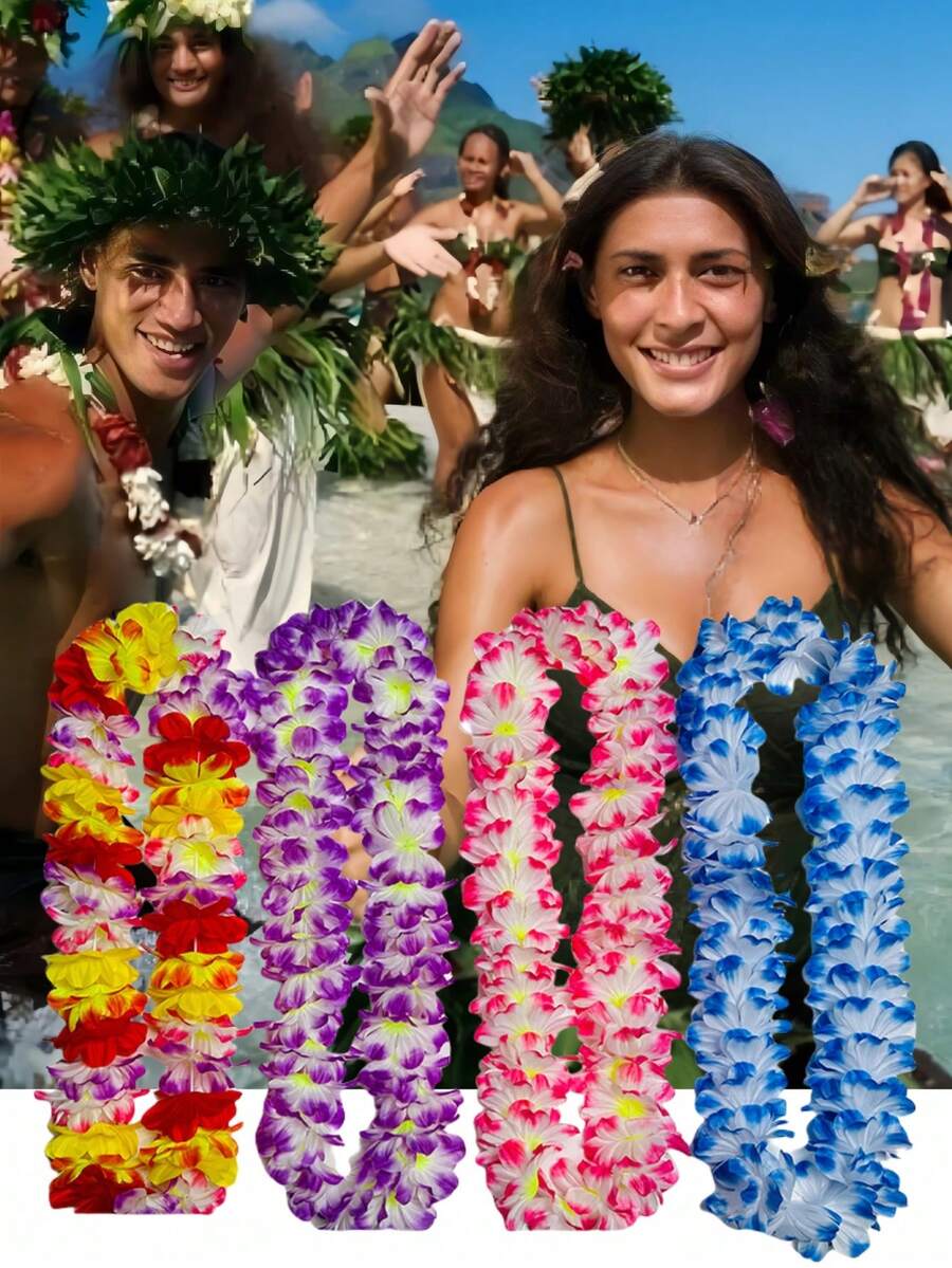 Hawaiian Flower Necklaces, Hawaiian Flower Party Decorations, Multi-Color Tropical Flower Necklaces, Hawaiian Tropical Theme Party Decorations, Tropical Hibiscus Flowers For Summer Pool Parties And Hawaiian Theme Parties, Summer Decorations, Party Decorations And Supplies, Wedding, Birthday And Beach Holiday DecorationsHawaiian Rainbow Artificial Garlands - Multicolor - View 1