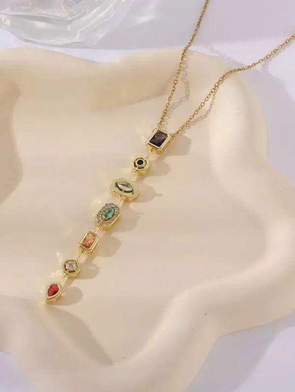 1件装奢华不对称彩色宝石流苏吊坠项链，女士百搭复古宫廷风颈链，几何拼接项链配饰（无包装盒）