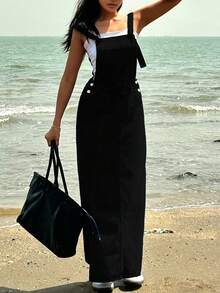 Women's Denim Jumpsuit - Loose Casual Long Sleeved Non Pocket Workwear, Adjustable Tie Waist, Loose Casual Retro Women's Denim Dress - 黑色 - 查看 4