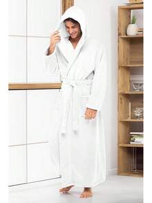 Mens Robe With Hood, Plush Fleece Hooded Mens Bathrobe, Big And Tall Bath Robe For Menhalloween - White - View 5