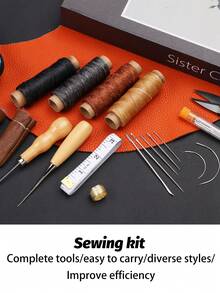 Leather Sewing Kit, Leather Tools And Materials, Leather Work Kit With Big-Eye Needles, Waxed Thread, Leather Decoration Repair Kit, DIY Leather Craft Leather Sewing Tools (Tape Measure, Finger Cots, Threader Etc. Random Color) - Blue - View 4