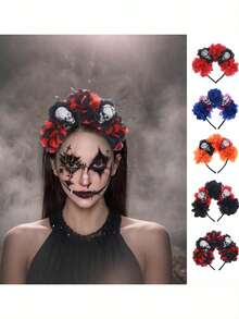 Halloween New Vintage Cos Skull Party Headband With 3D Realistic Flower Decor, Day Of The Dead Headpiece For Women - Multicolor - View 2