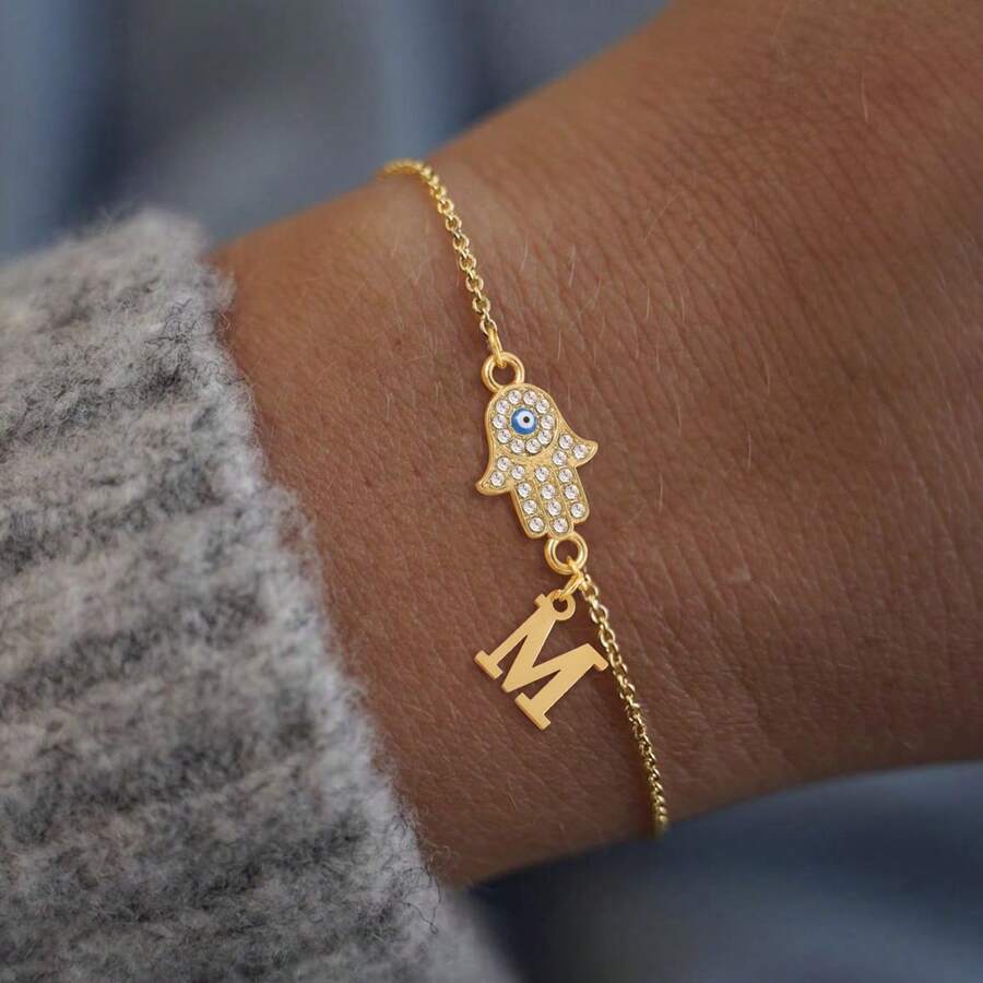 1条新款经典眼睛手字母金色不锈钢链手链，女士款 - 金黃色 - 查看 1