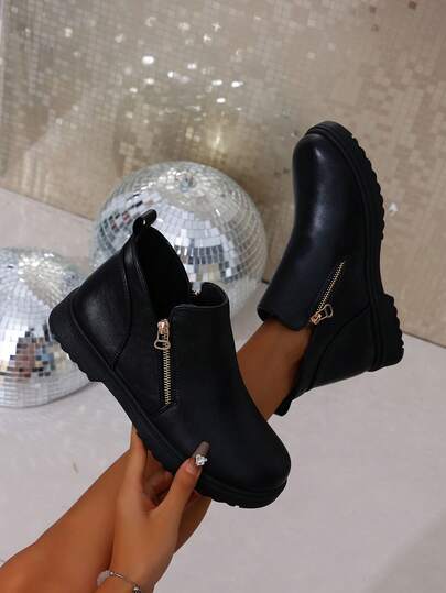 Women's Ankle Boots With Thick Soles, New Autumn/Winter Shoes, Soft & Comfortable, Warm, Zipper Closure, Black, Versatile Winter Boots, Outdoor Essential, Fashionable, Great For Halloween, Christmas Gifts, Mother Shoes,Boots For Women