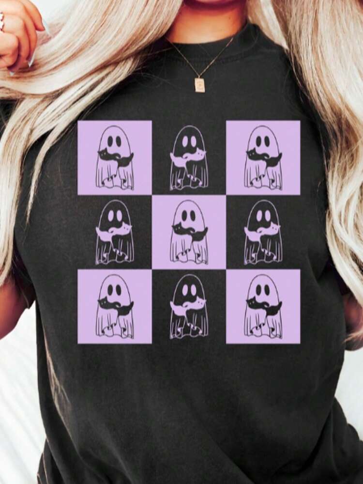 Halloween Cat Ghost Shirt Cute Ghost Shirt Cat Mama Halloween Shirt Black Cat Tee Halloween Ghost Spooky Shirt Halloween Gift - 黑色002 - 查看 1