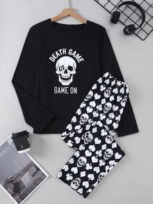 2pcs/Set Teenage Boys' Graphic Print Comfortable Casual Outfit, Suitable For Everyday Wear, Halloween, Autumn/Winter