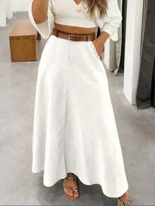 Solid Color High Waist Skirt With Pockets On Both Sides And Wide Hem - trắng - Xem 1
